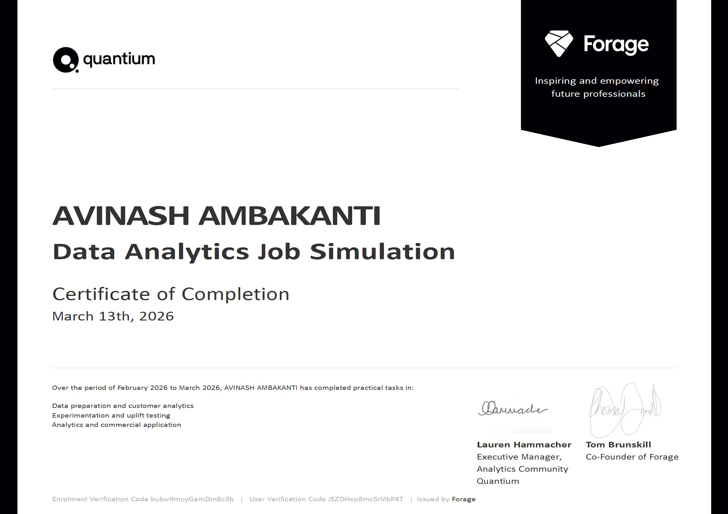 Quantium Data Analytics Simulation Certificate